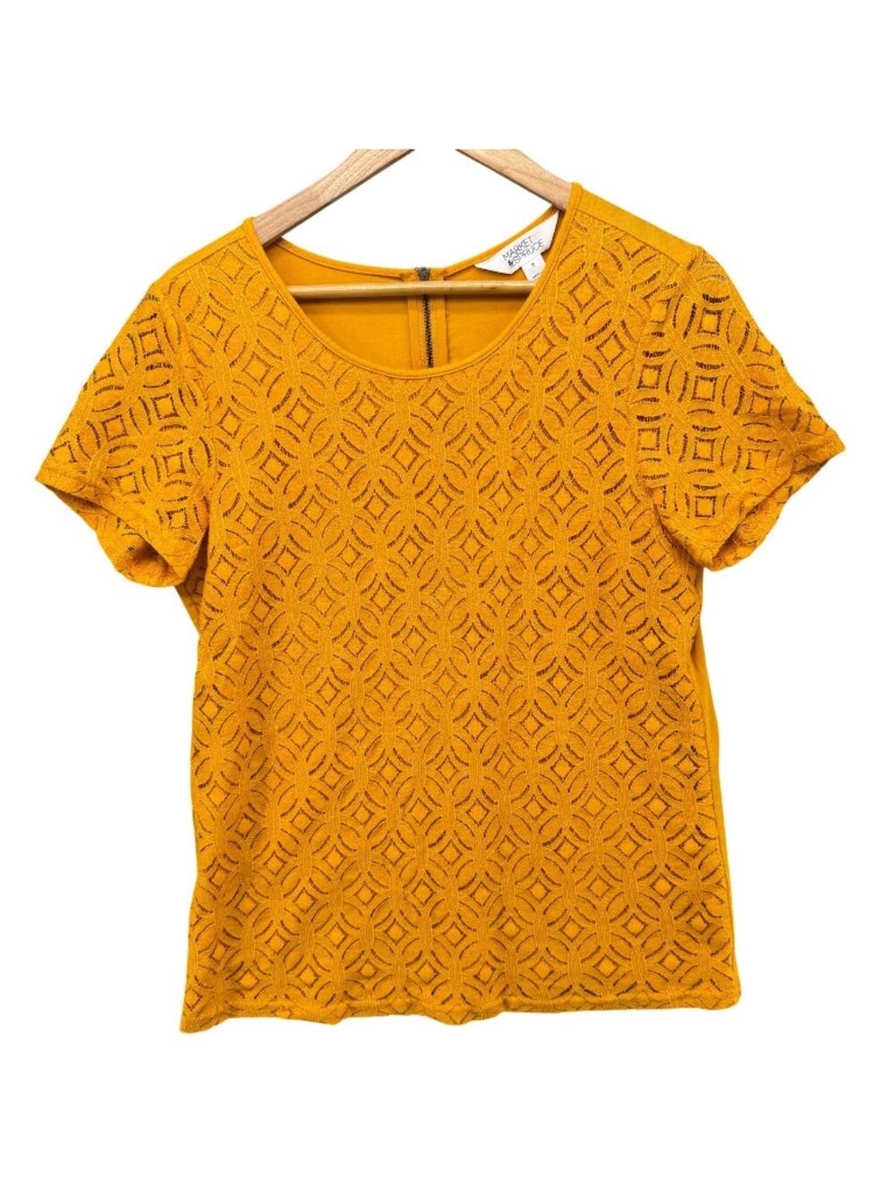 Market Spruce Textured Overlay Top Womens Gold Boho Short Sleeve Back Zip Size M